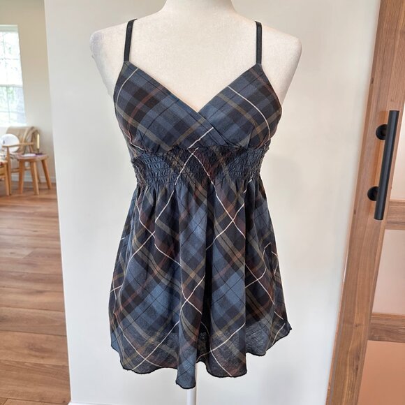 Derek Heart | Small 90s 00s Y2K Plaid Smocked Spaghetti Strap Babydoll - Picture 1 of 9